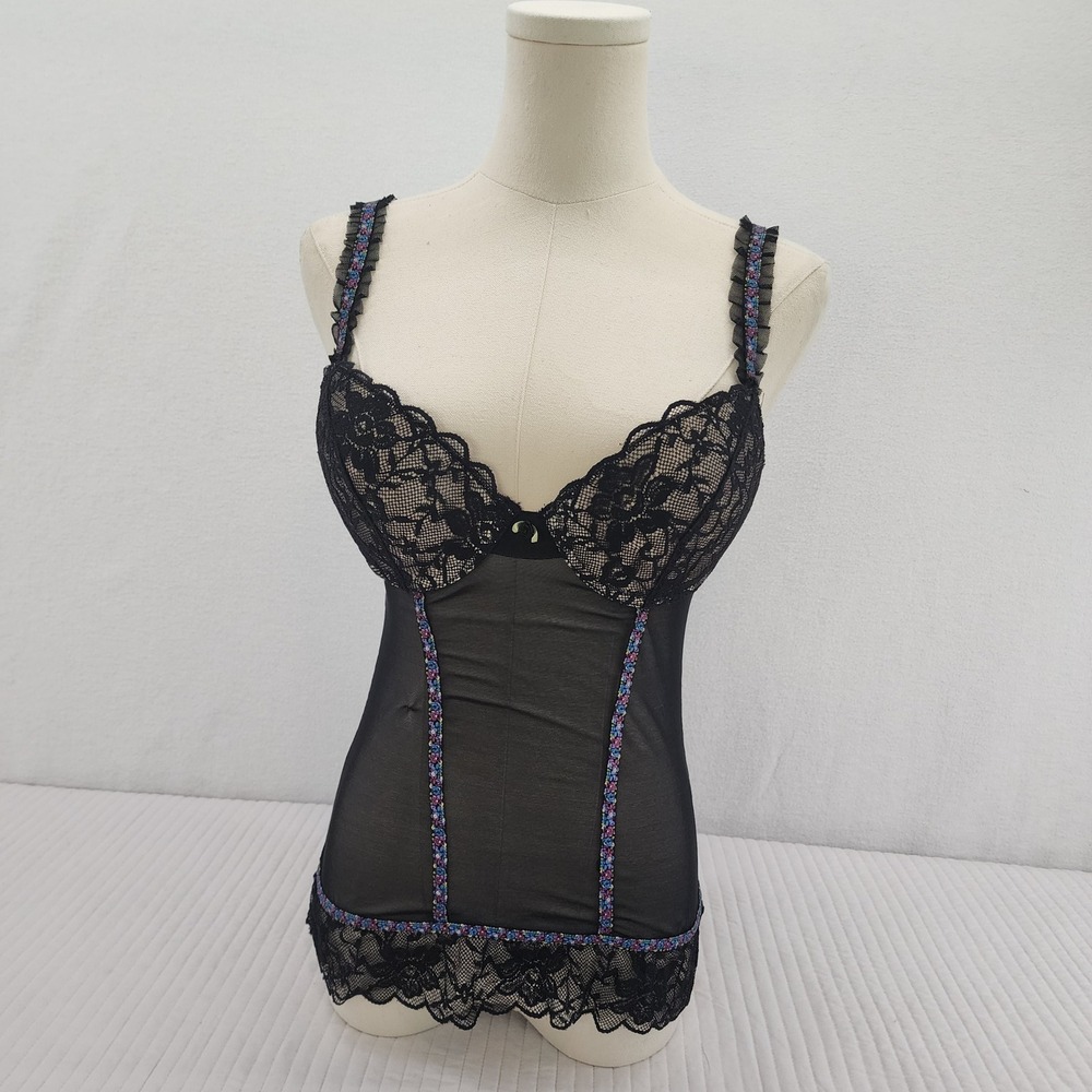 Sophie B. Black Lace Floral Trim Sheer Mesh Lingerie Corset Top - Size M